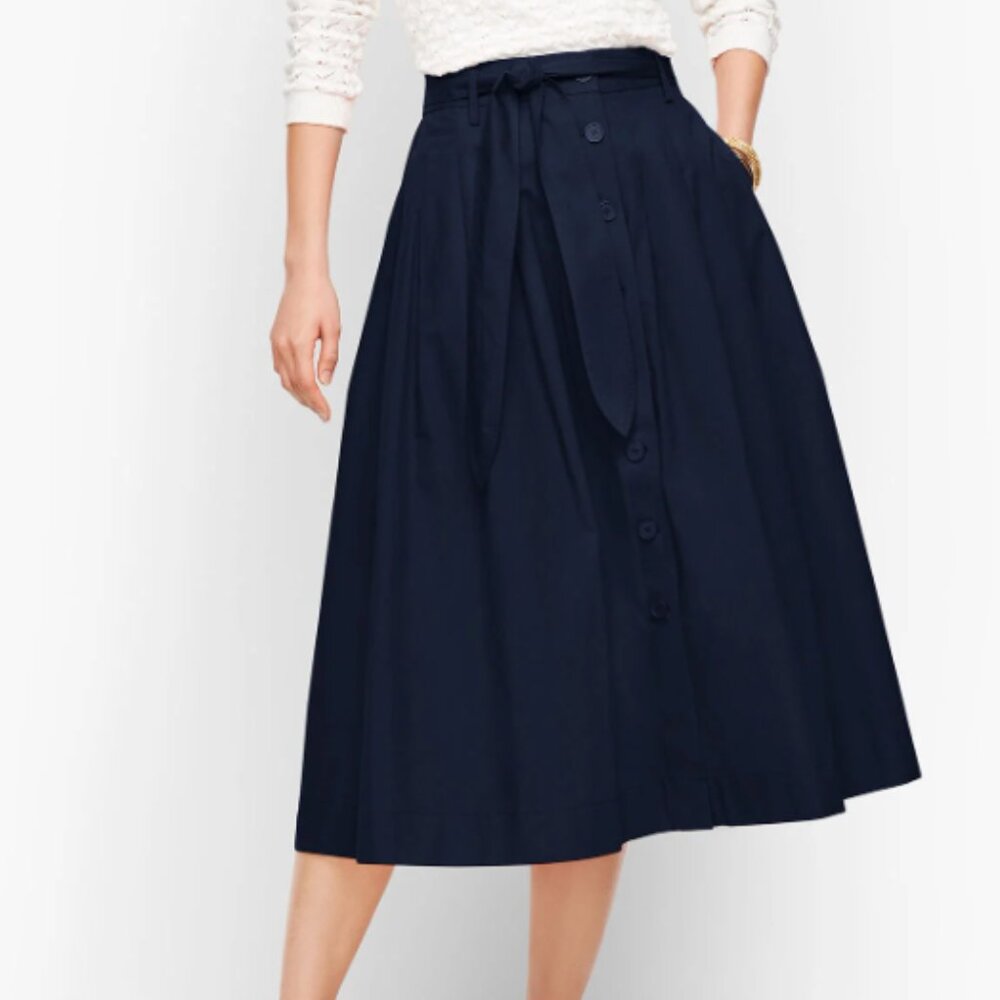 Talbots Navy Poplin Button Front Full Midi Skirt